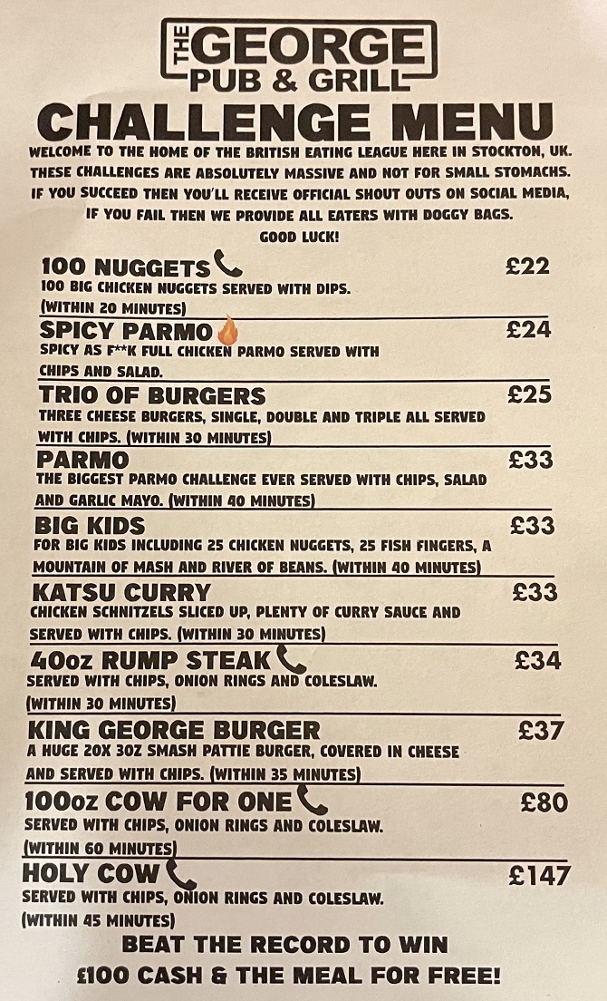 The George Food Challenges Menu