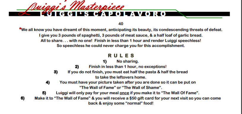 Luiggi's Masterpiece Spaghetti Pasta Challenge Rules