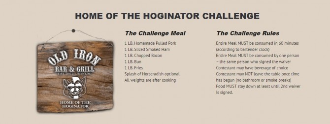 Old Iron Bar and Grill's "Hoginator" BBQ Pork Sandwich Challenge Menu