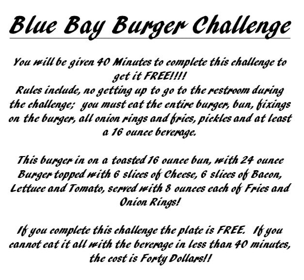 Blue Bay Seafood Steaks Sunday Burger Challenge Menu