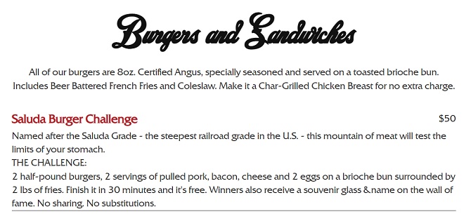 Casey Jones Saluda Burger Challenge Menu Description