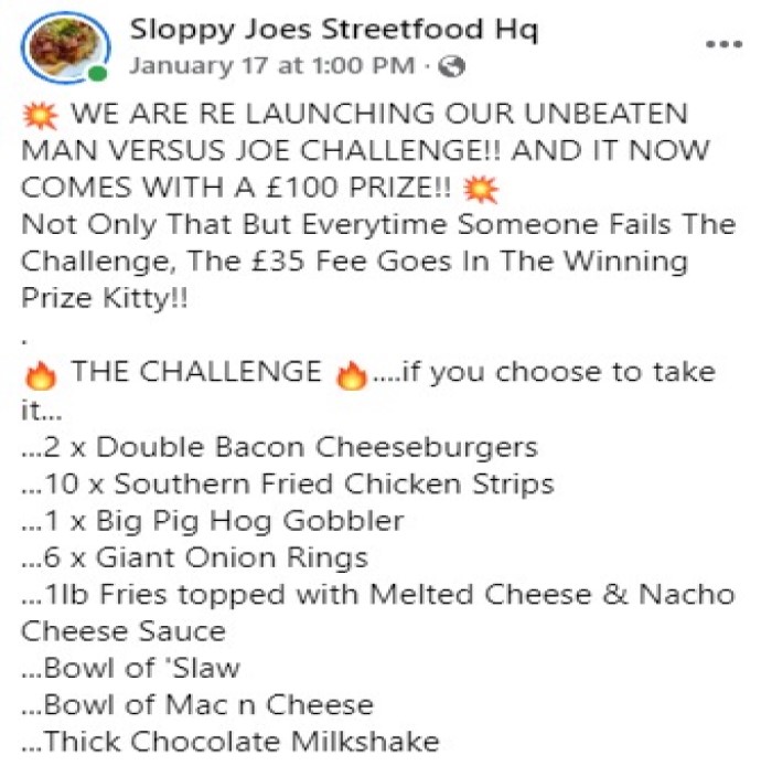 Sloppy Joe's Man Vs Joe Burger Challenge Description